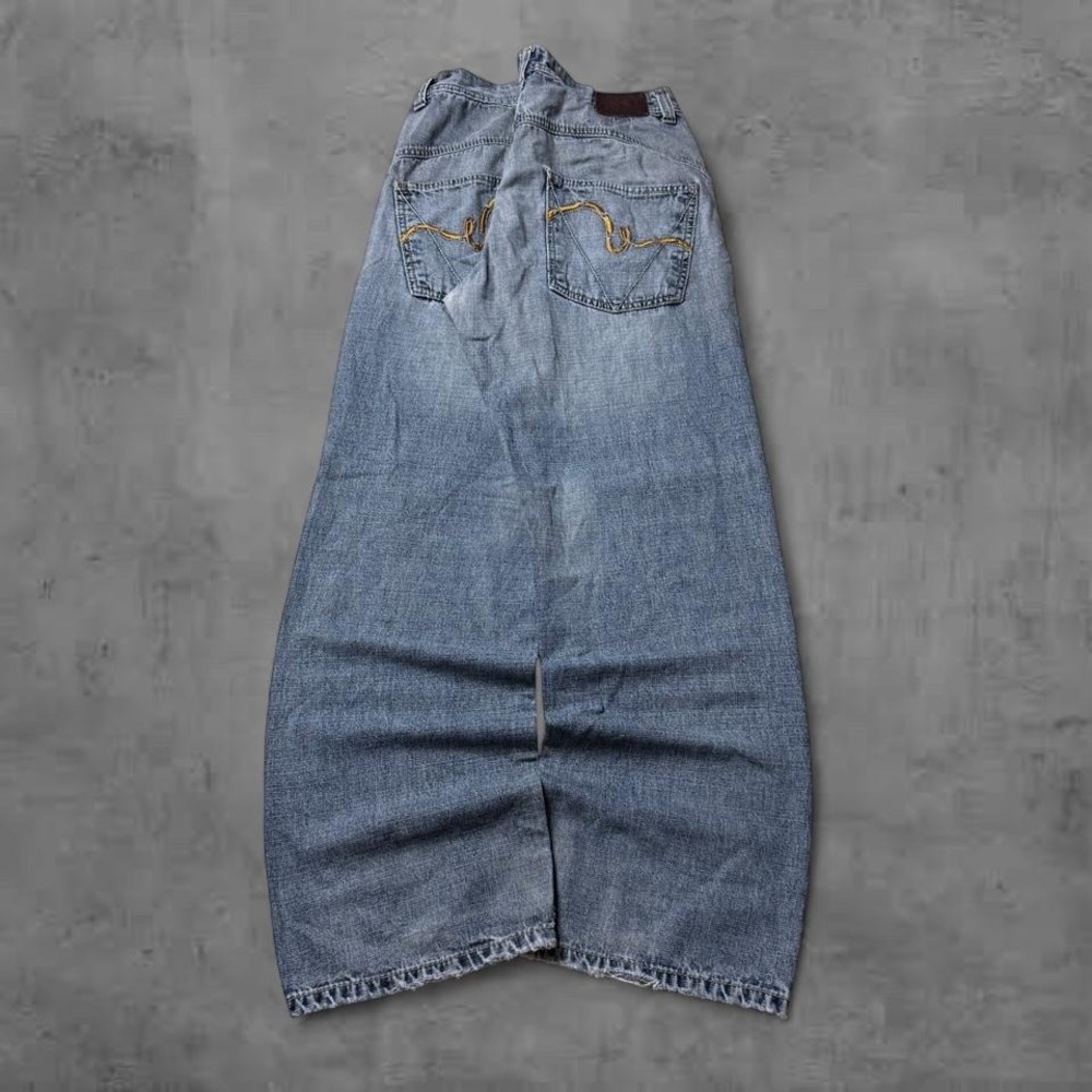 Y2K Vintage Baggy MO Seven Embroidered Wide Leg Grey Wash Denim